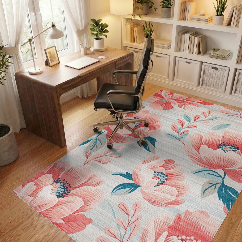 Coral Peony Garden With Blue Accents Rug - Office View