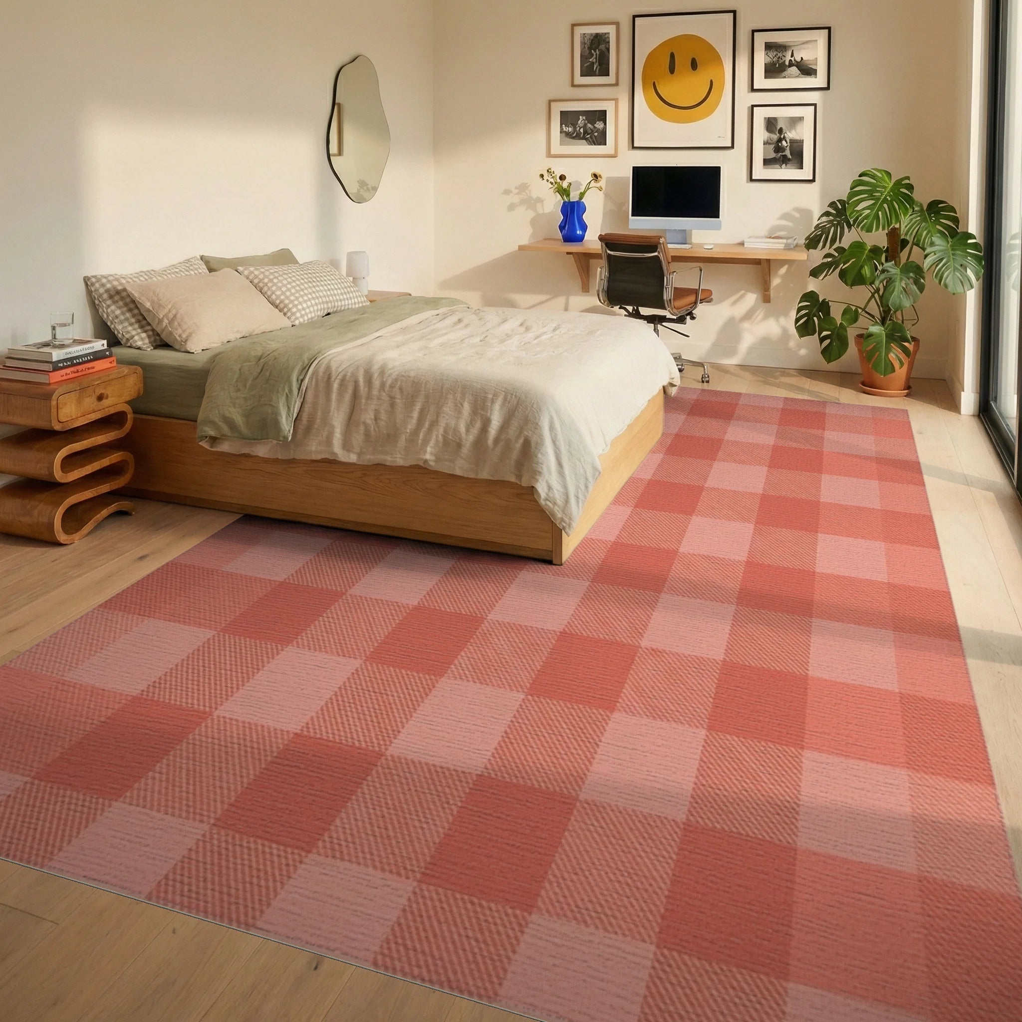 Coral Pink Buffalo Check Square Rug Bedroom View