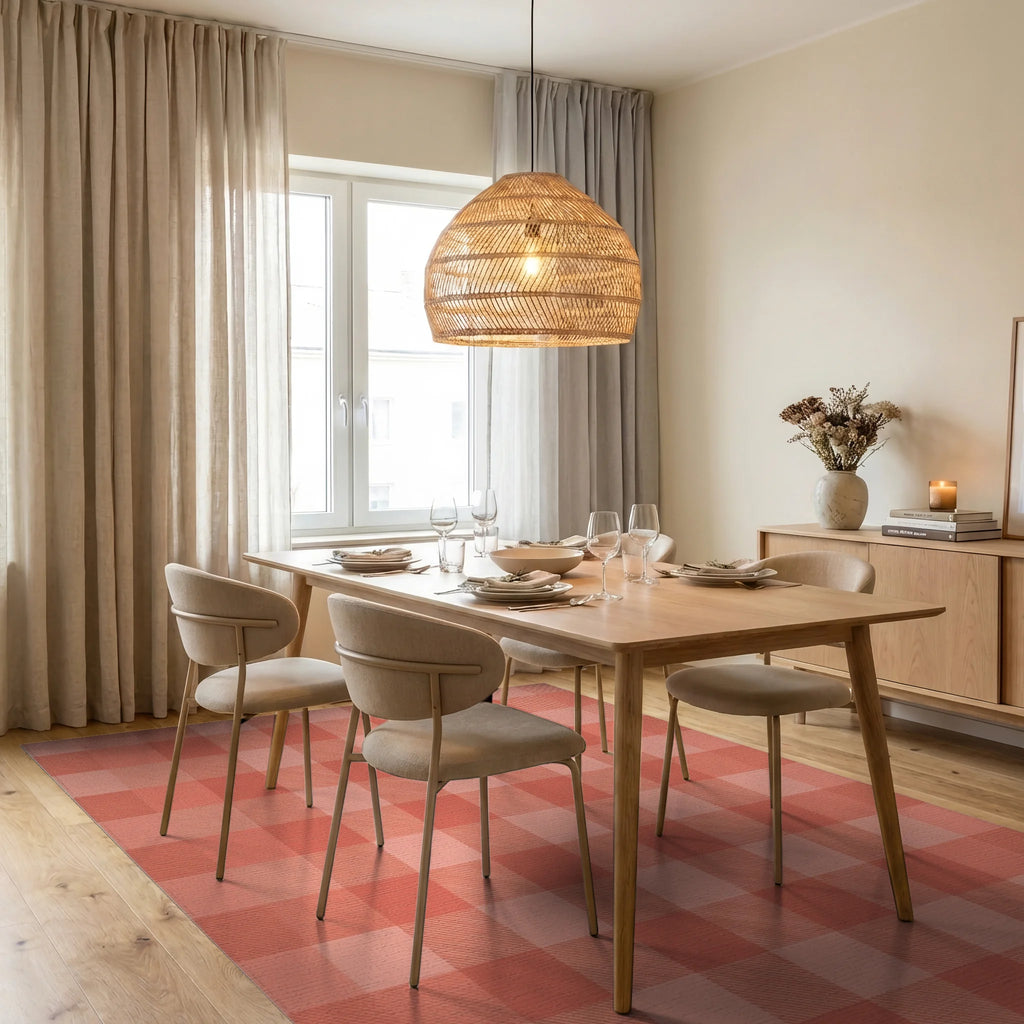 Coral Pink Buffalo Check Square Rug Dining Room View