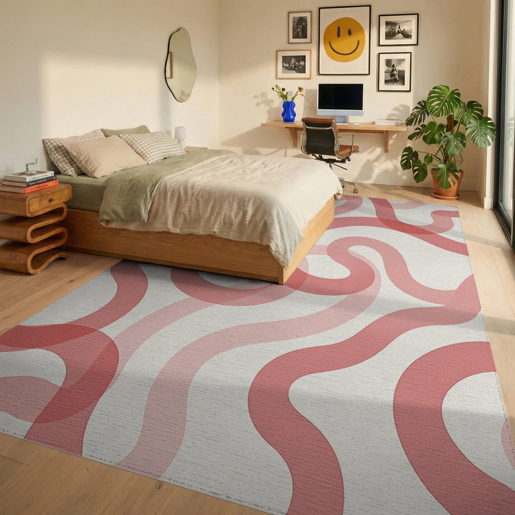 Coral Pink Swirl Abstract Pattern Rug Bedroom View