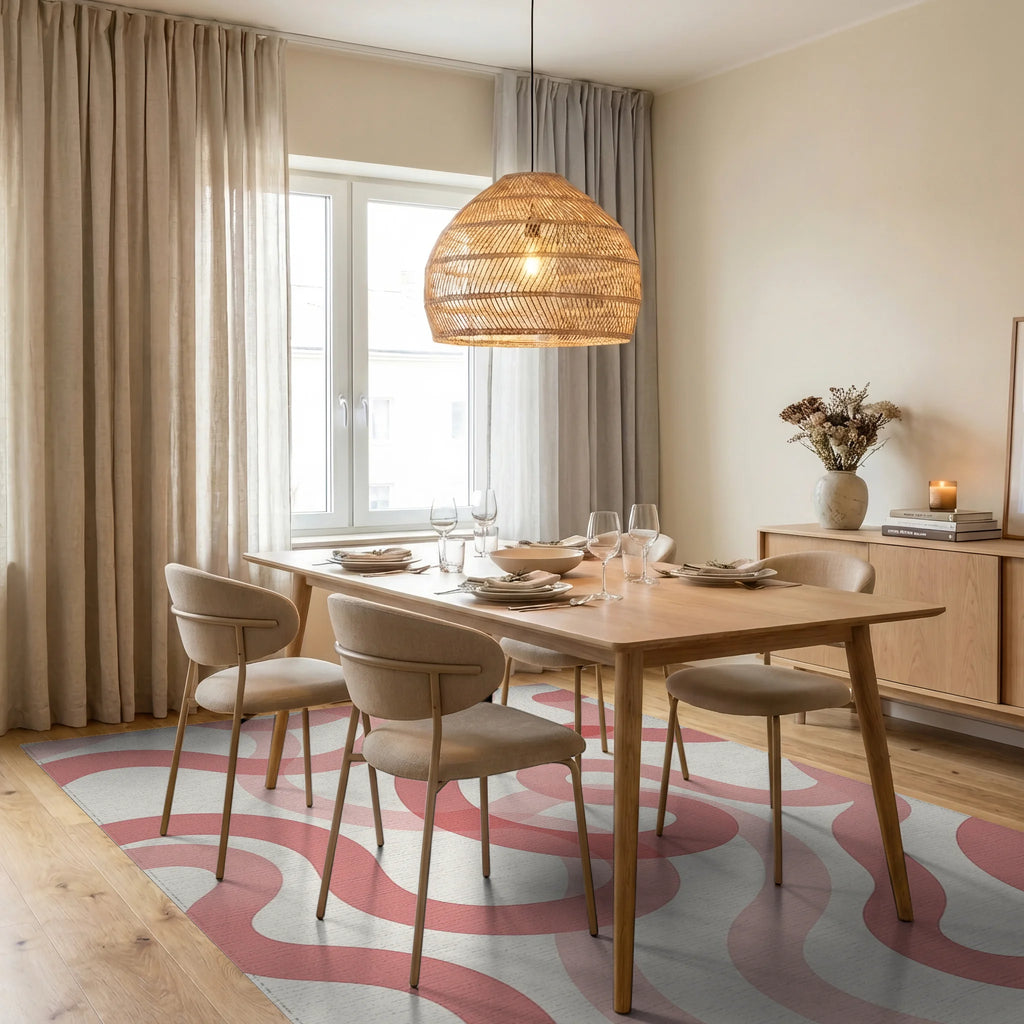 Coral Pink Swirl Abstract Pattern Rug Dining Room View