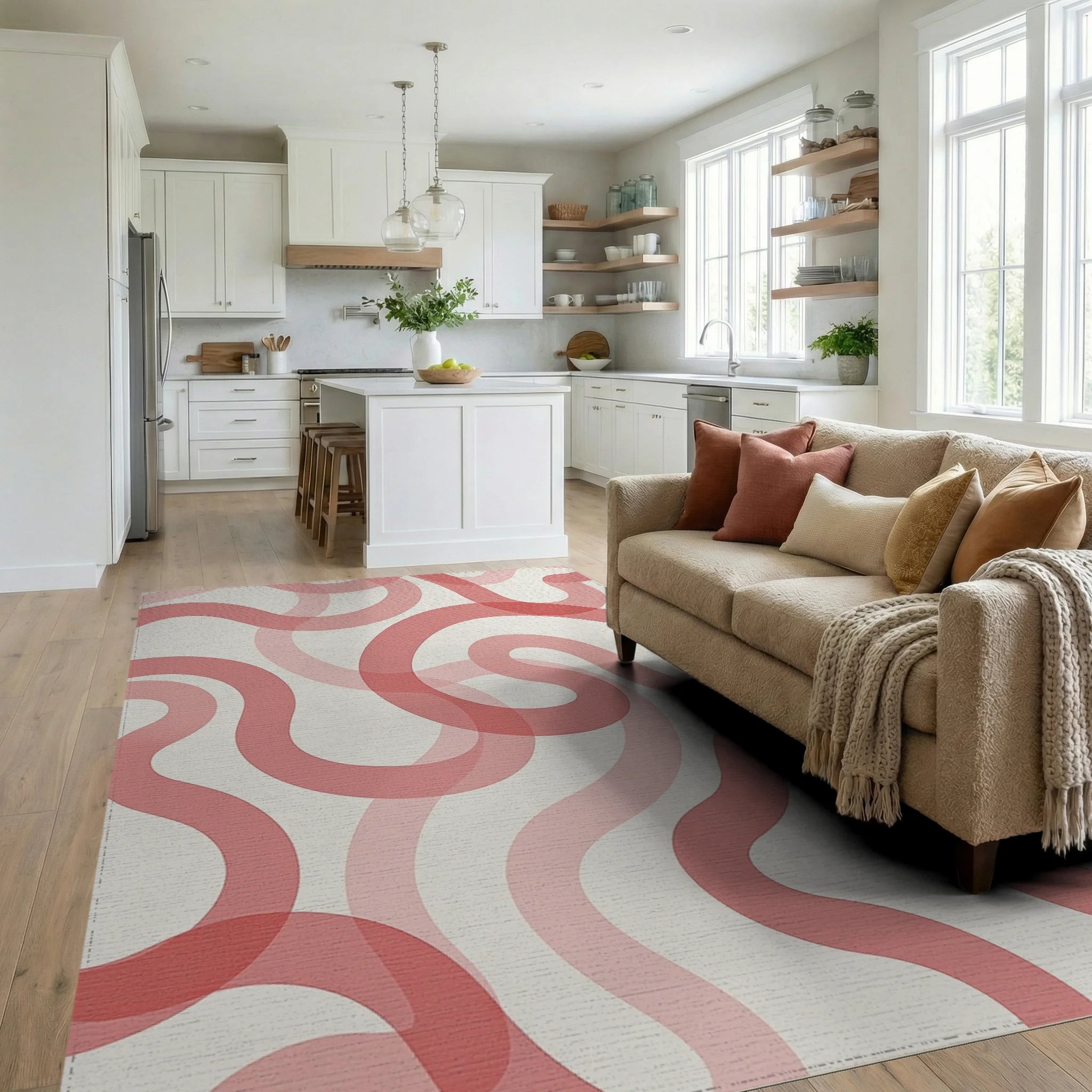 Coral Pink Swirl Abstract Pattern Rug Living Room View