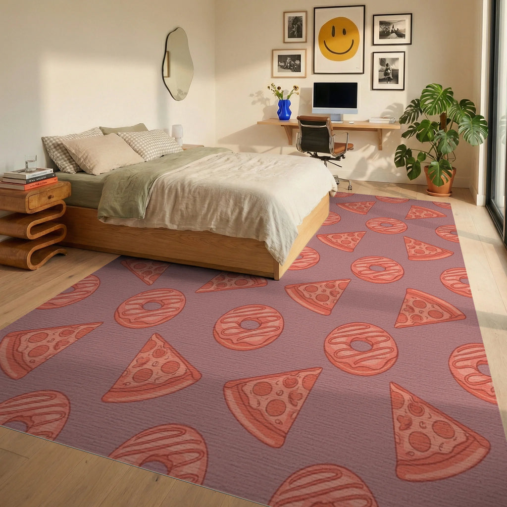 Coral Pizza Donut Repeating Pattern Rug Bedroom View
