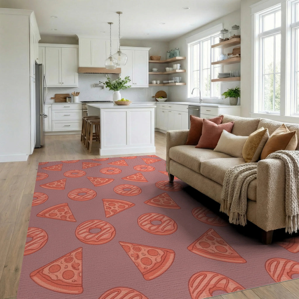 Coral Pizza Donut Repeating Pattern Rug Living Room View