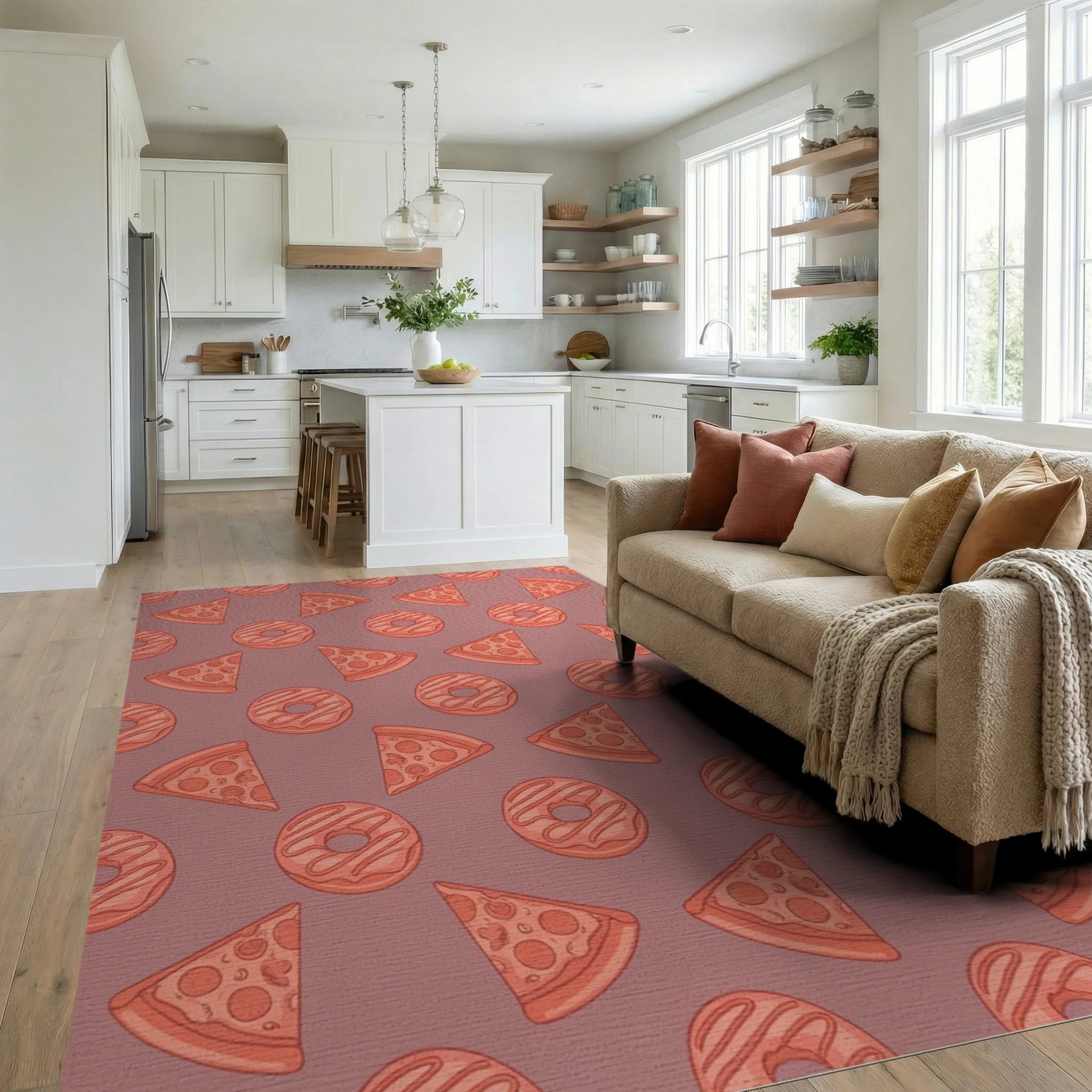 Coral Pizza Donut Repeating Pattern Rug Living Room View