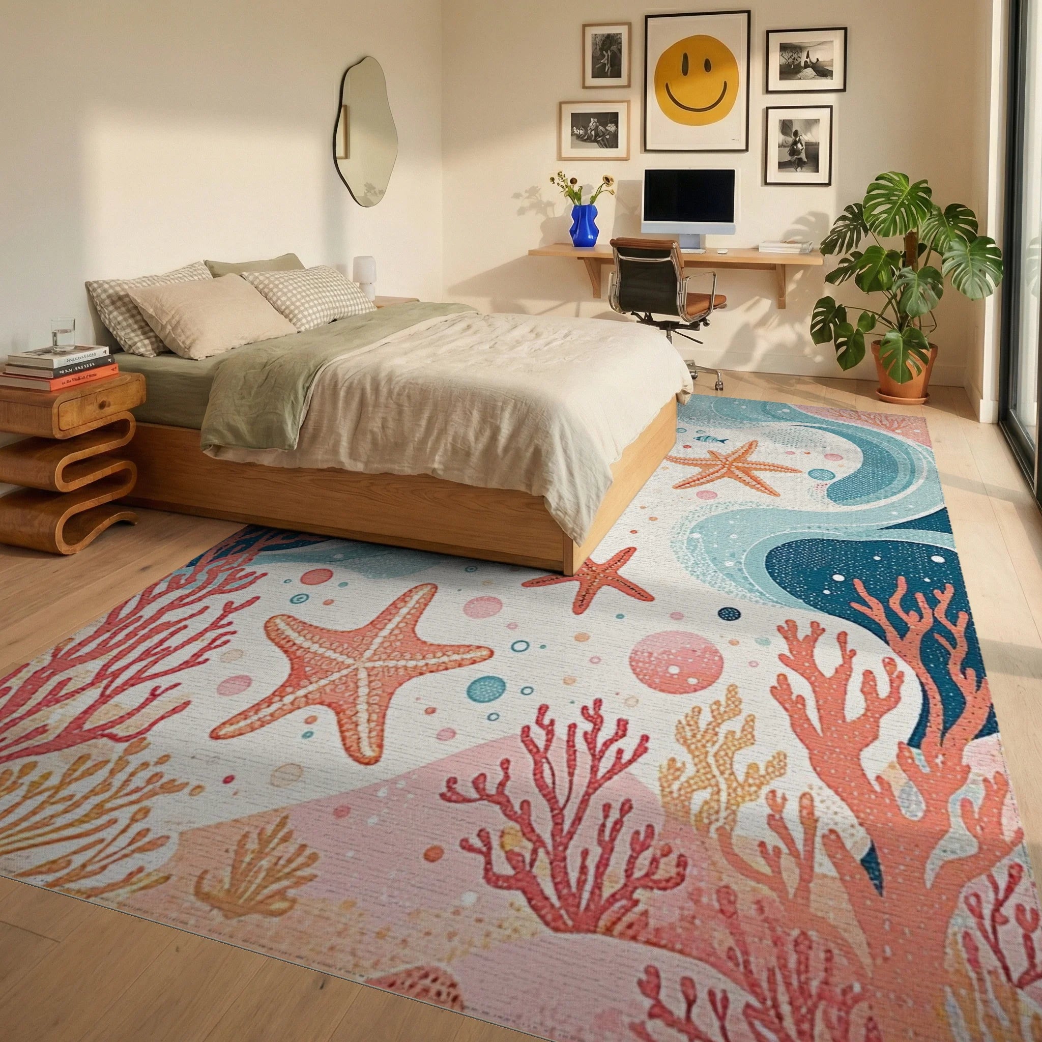 Coral Reef Starfish Ocean Waves Rug - Bedroom View