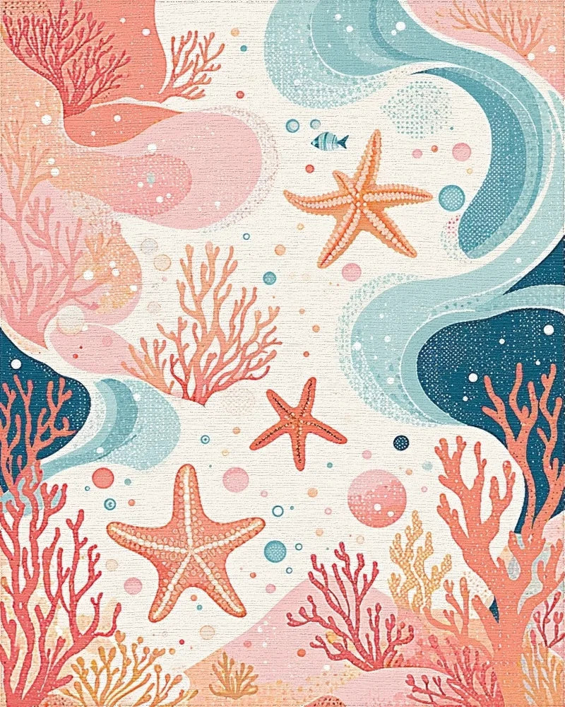 Coral Reef Starfish Ocean Waves Rug - Cutout View