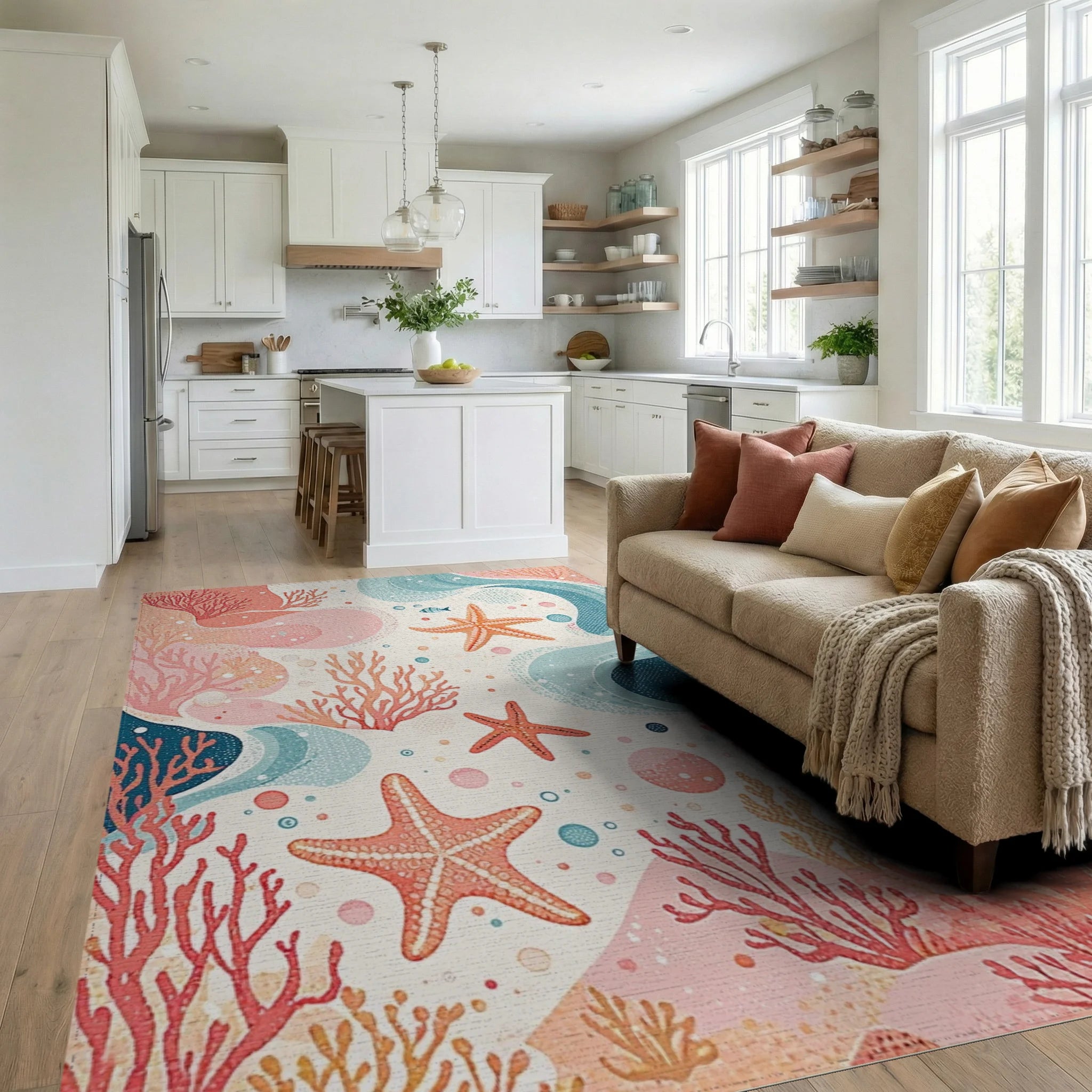Coral Reef Starfish Ocean Waves Rug - Living Room View