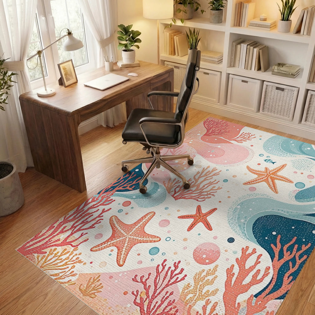 Coral Reef Starfish Ocean Waves Rug - Office View