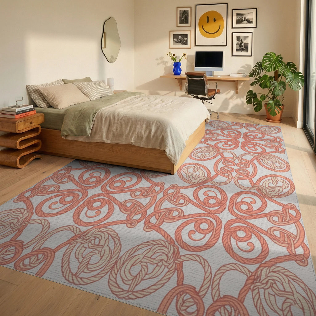 Coral Rope Knot Interlocking Medallion Rug Bedroom View