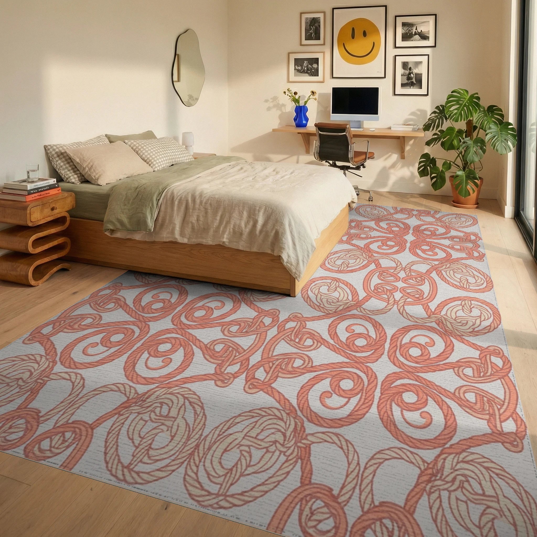Coral Rope Knot Interlocking Medallion Rug Bedroom View