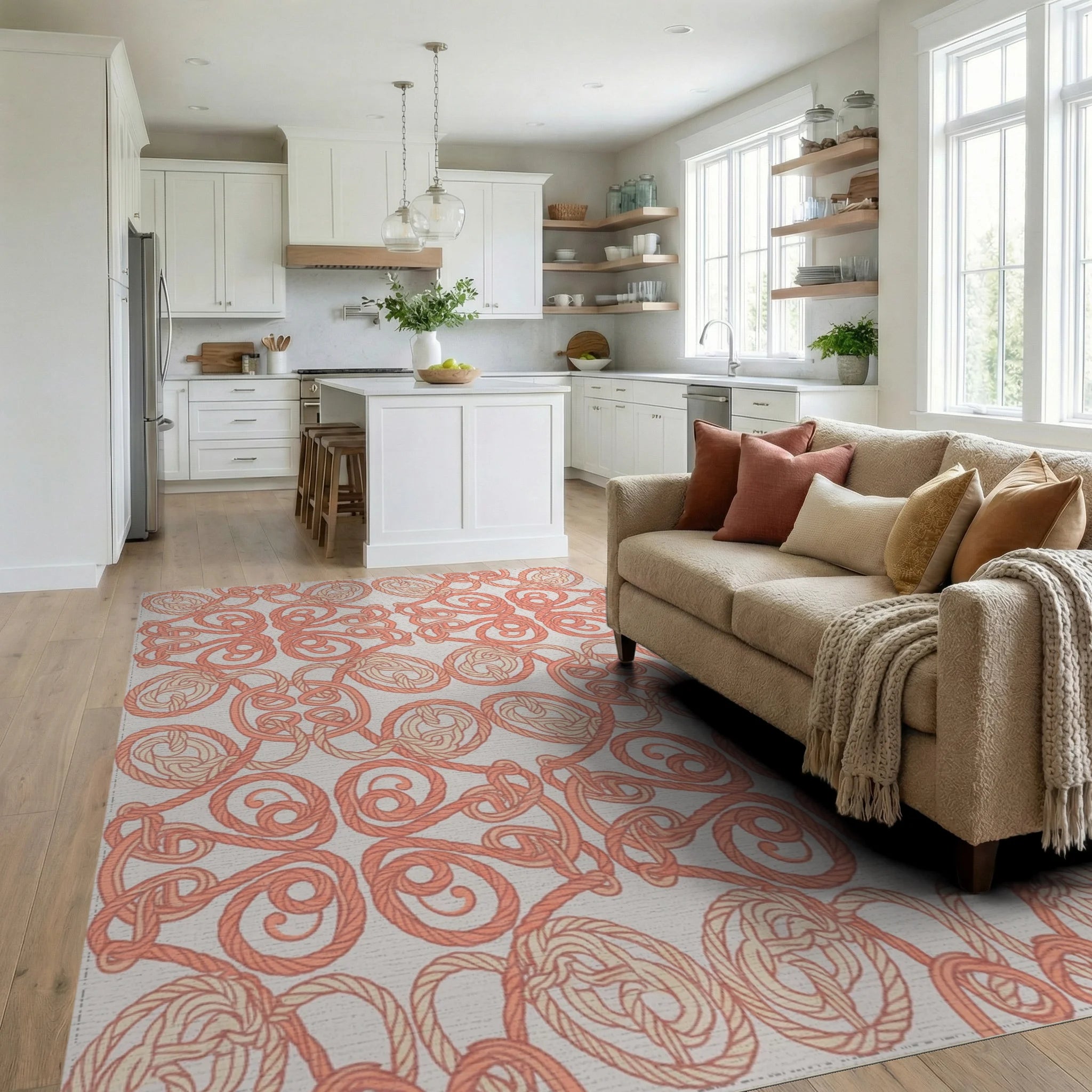 Coral Rope Knot Interlocking Medallion Rug Living Room View