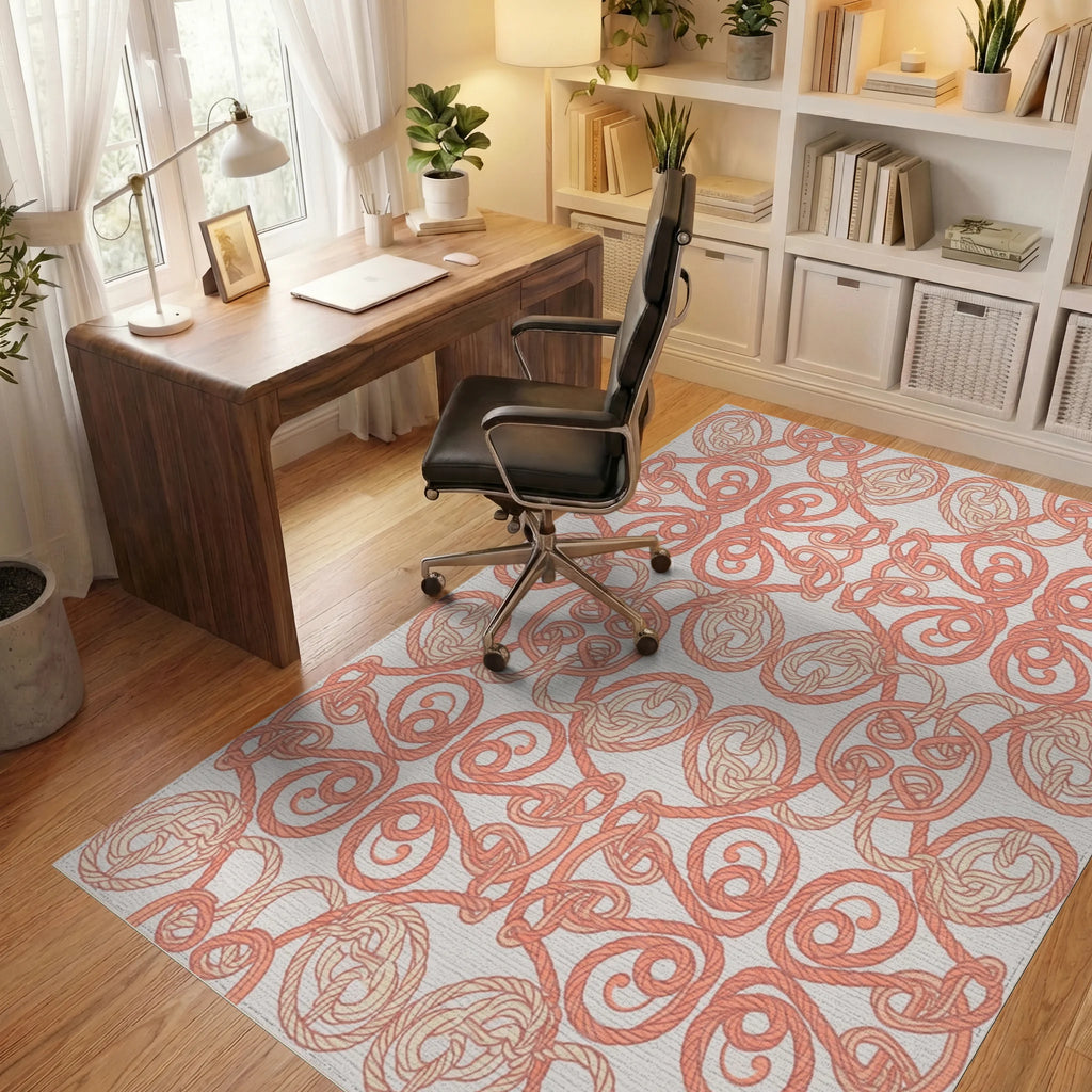 Coral Rope Knot Interlocking Medallion Rug Office View