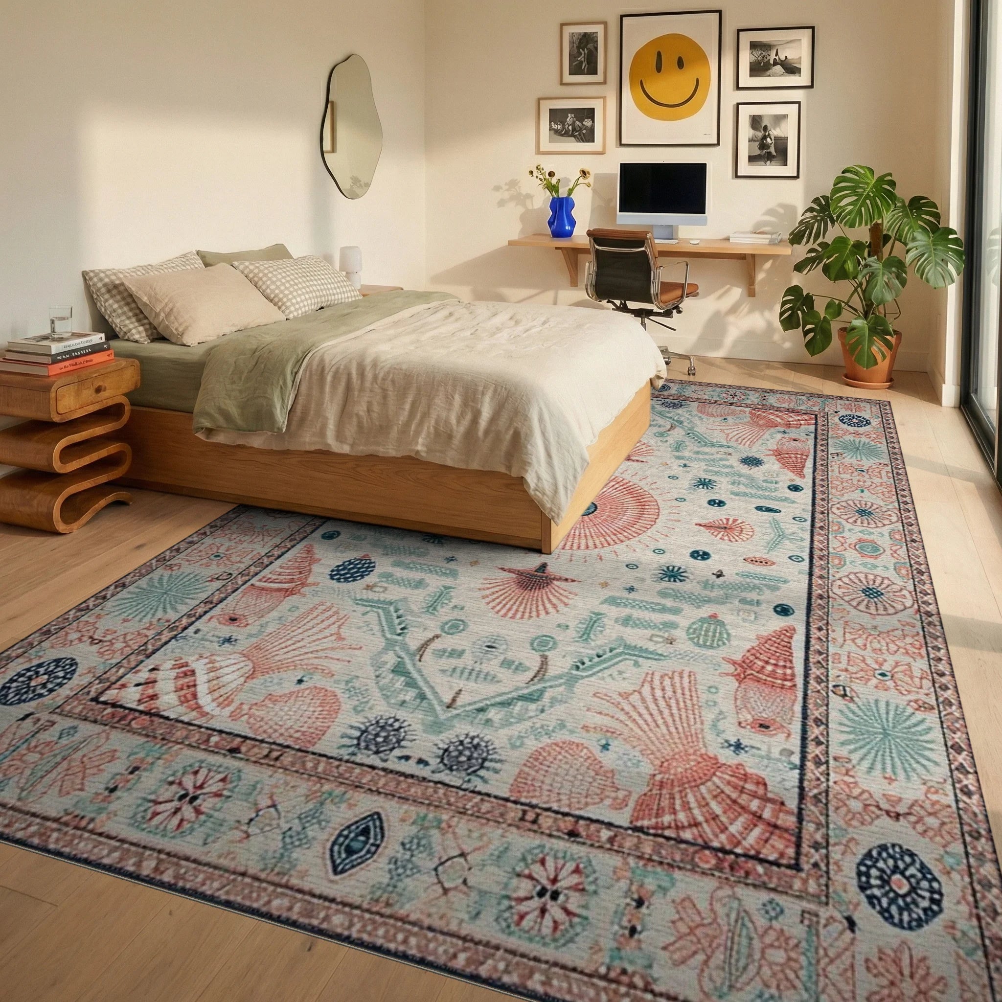 Coral Shell Coastal Medallions Rug - Bedroom View