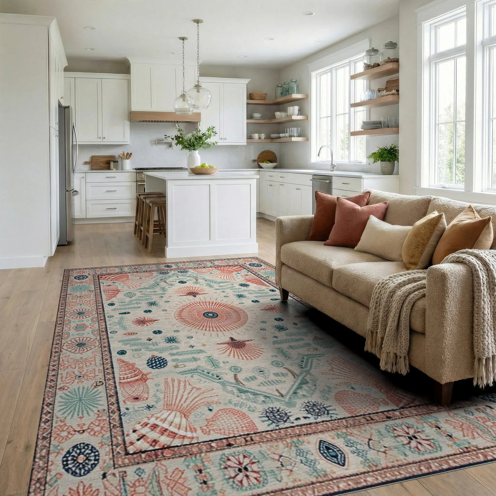 Coral Shell Coastal Medallions Rug - Living Room View