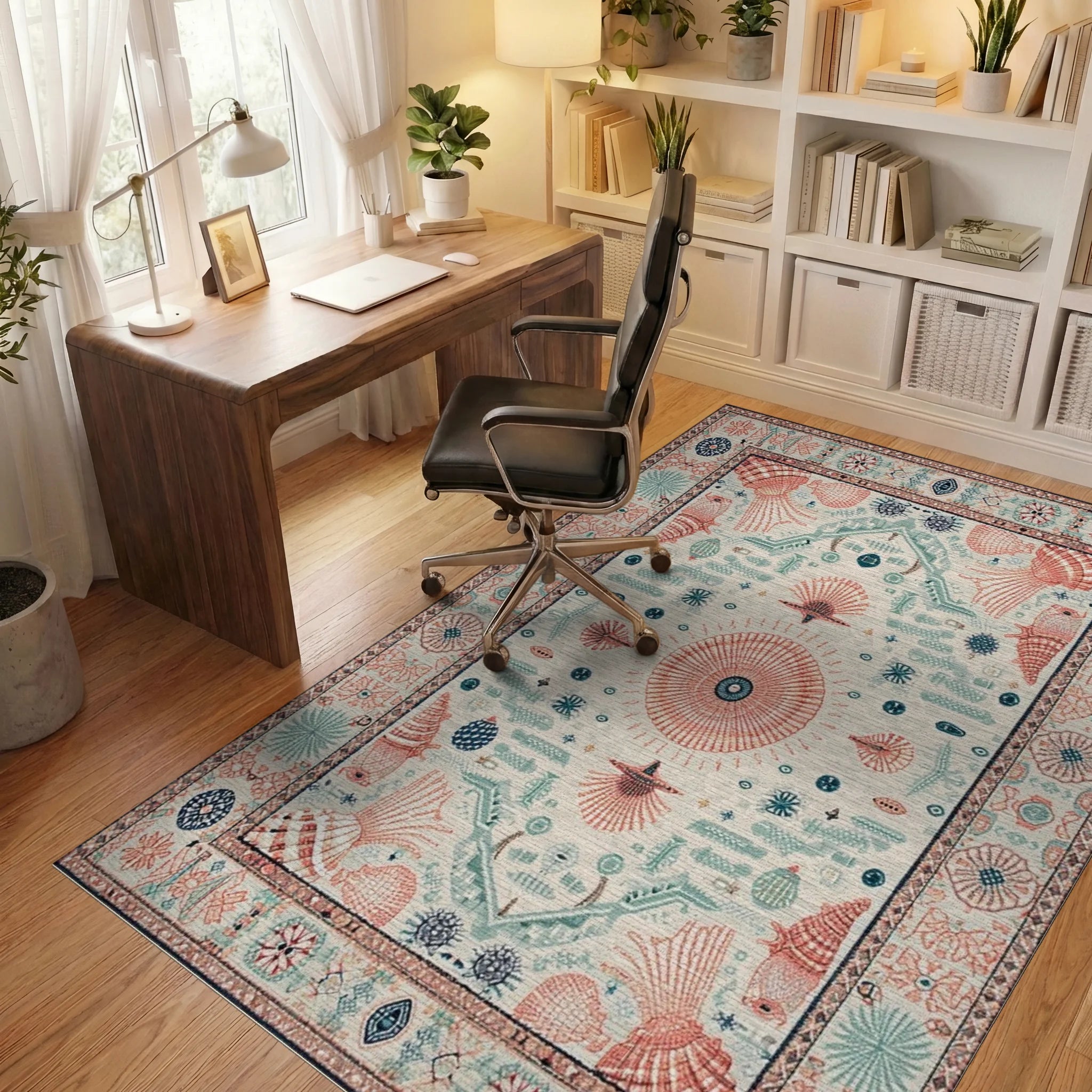 Coral Shell Coastal Medallions Rug - Office View
