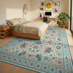 Coral Teal Floral Botanical Medallion Rug - Bedroom View