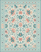 Coral Teal Floral Botanical Medallion Rug - Cutout View