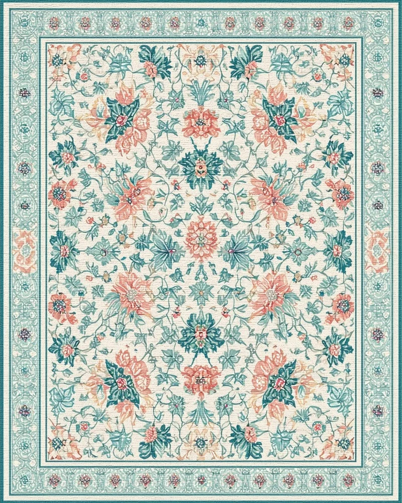 Coral Teal Floral Botanical Medallion Rug - Cutout View