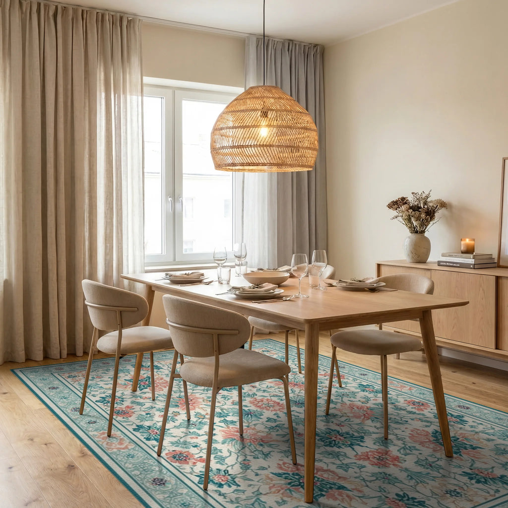 Coral Teal Floral Botanical Medallion Rug - Dining Room View