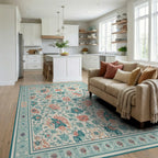 Coral Teal Floral Botanical Medallion Rug - Living Room View