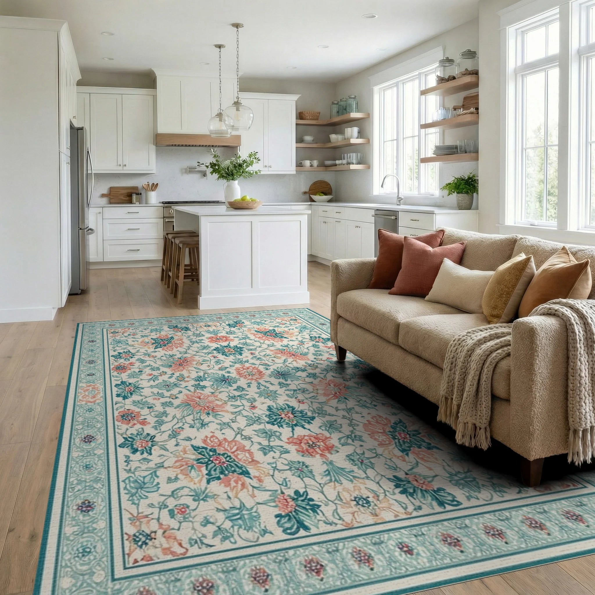 Coral Teal Floral Botanical Medallion Rug - Living Room View