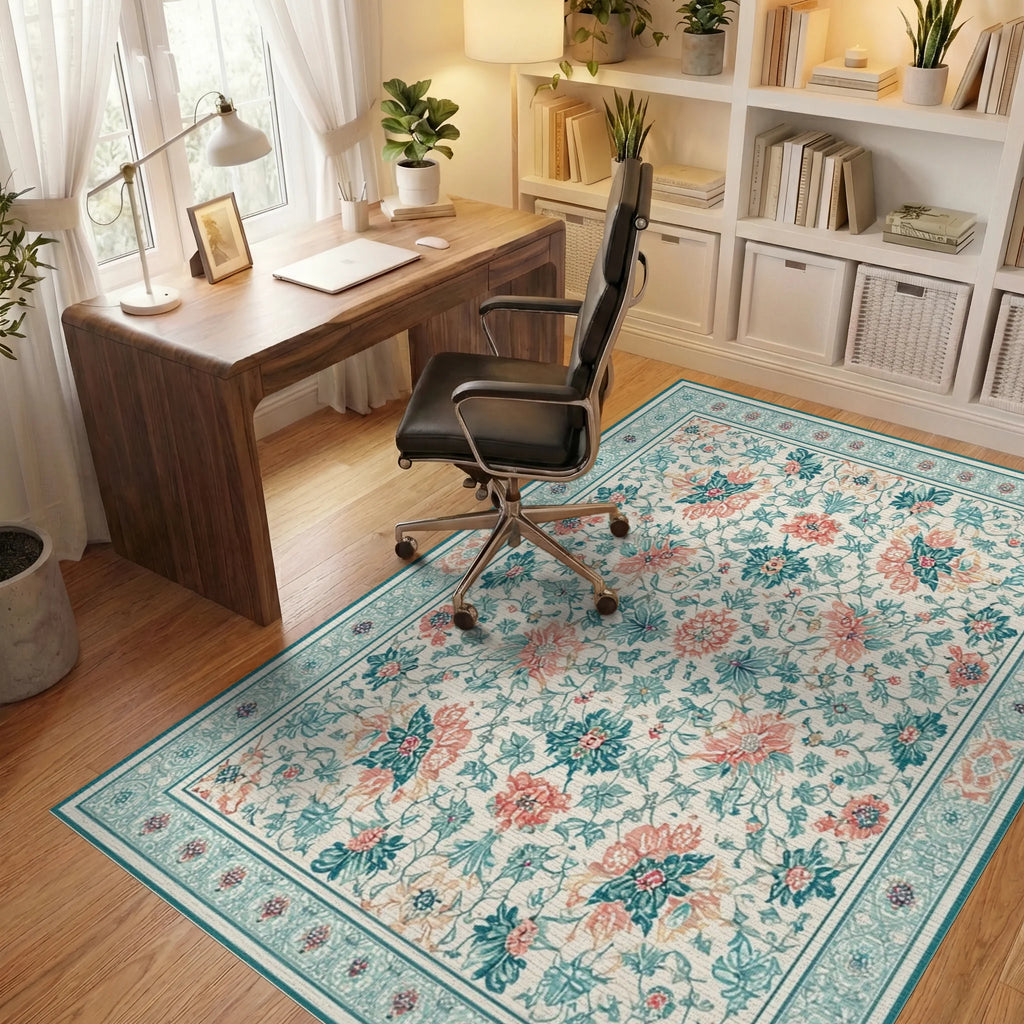 Coral Teal Floral Botanical Medallion Rug - Office View