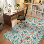 Coral Teal Floral Botanical Medallion Rug - Office View