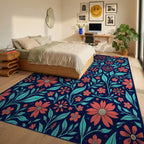 Coral Teal Floral Vine Pattern Rug Bedroom View
