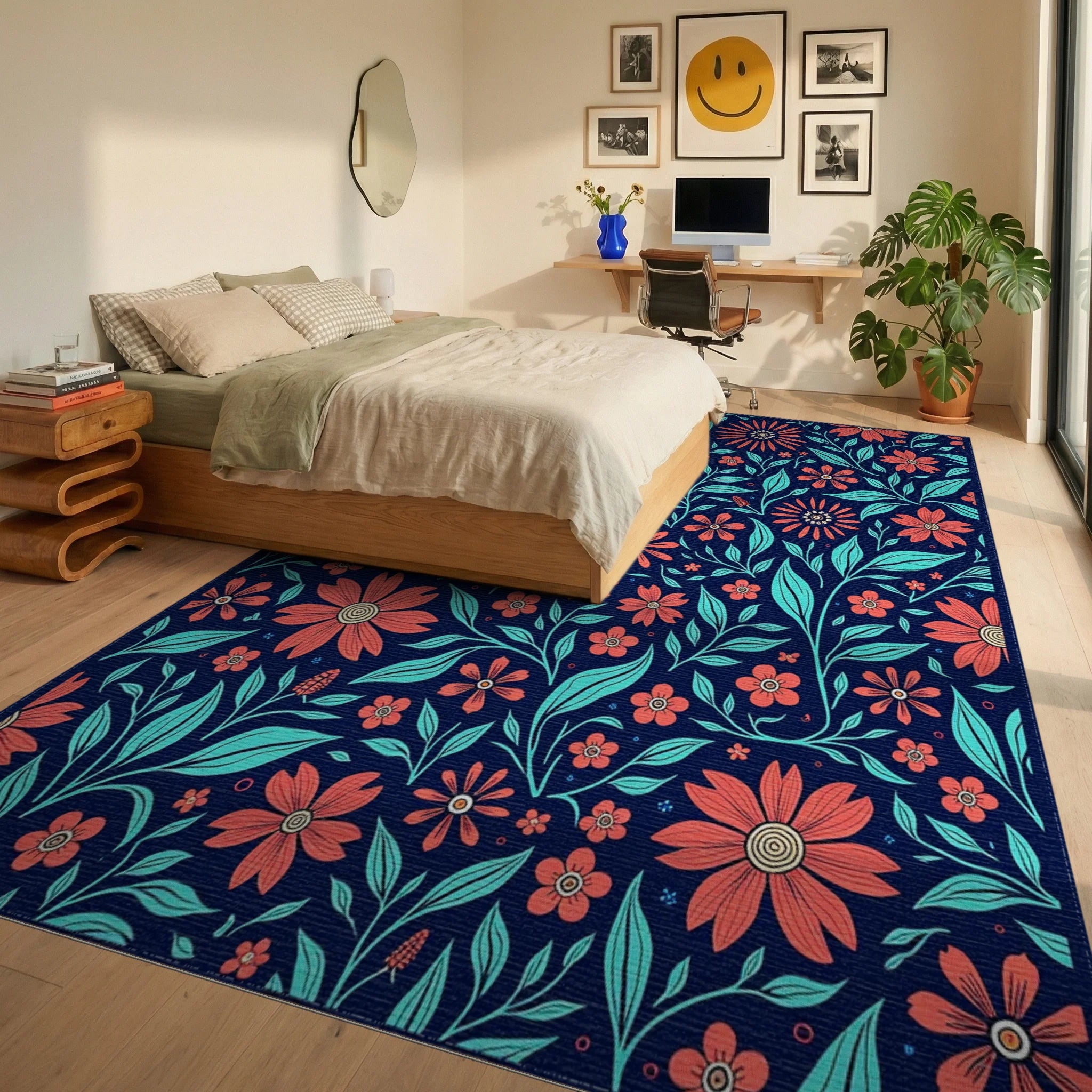 Coral Teal Floral Vine Pattern Rug Bedroom View