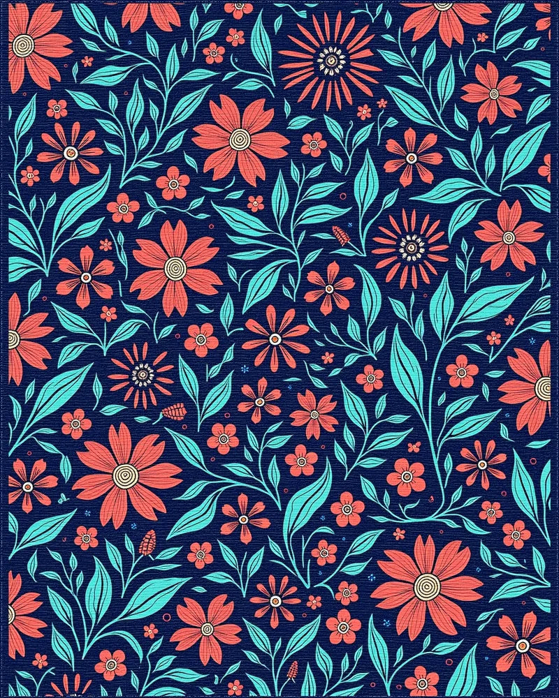Coral Teal Floral Vine Pattern Rug - Cutout View