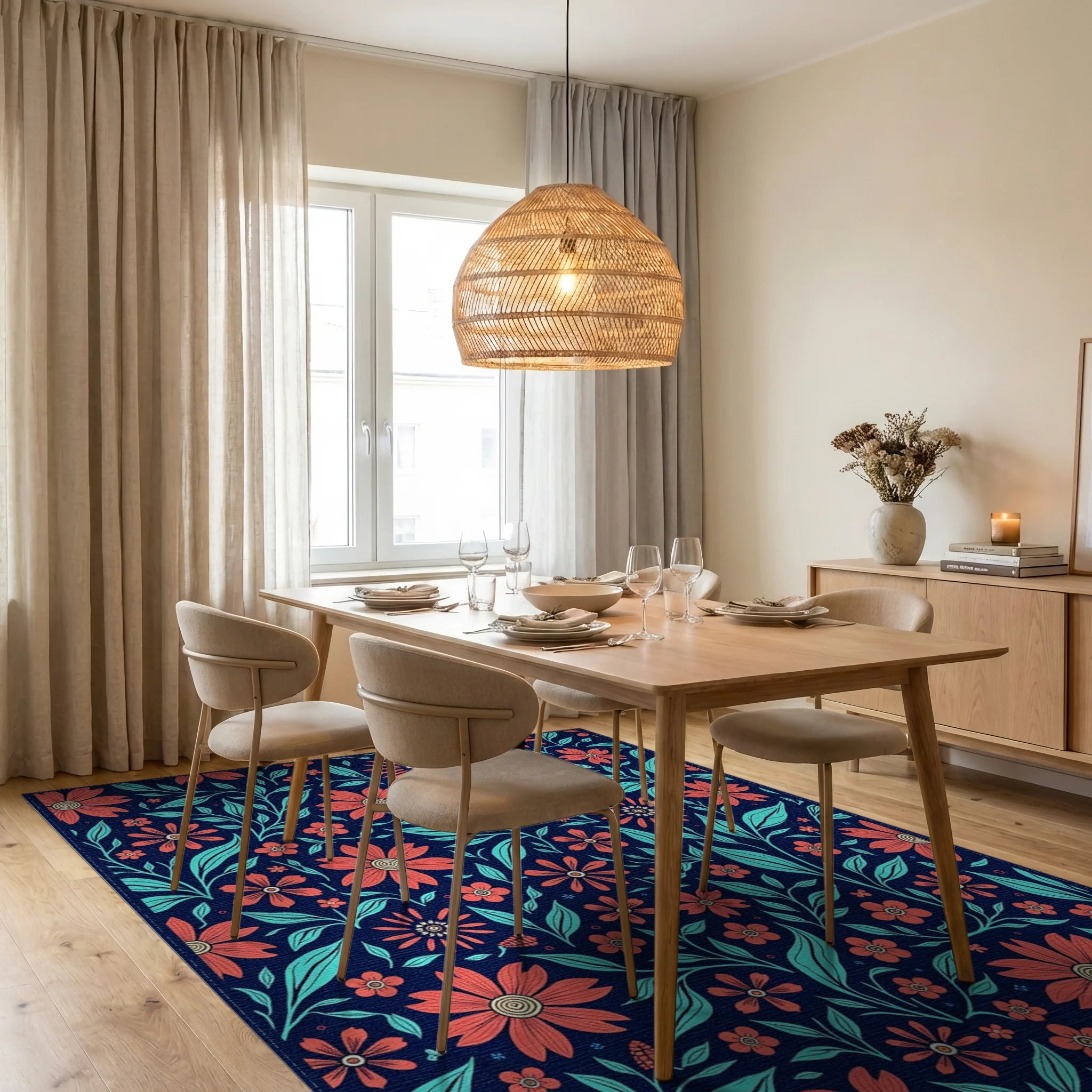 Coral Teal Floral Vine Pattern Rug Dining Room View