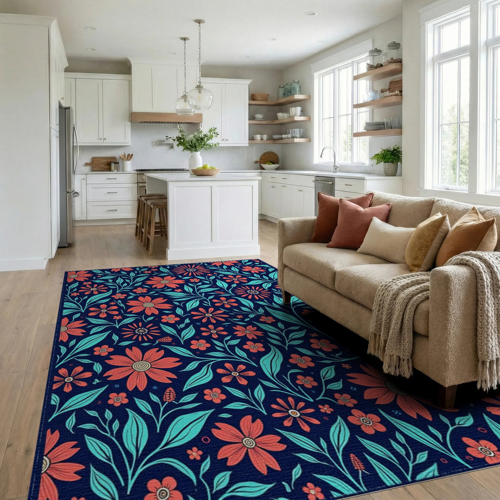 Coral Teal Floral Vine Pattern Rug Living Room View