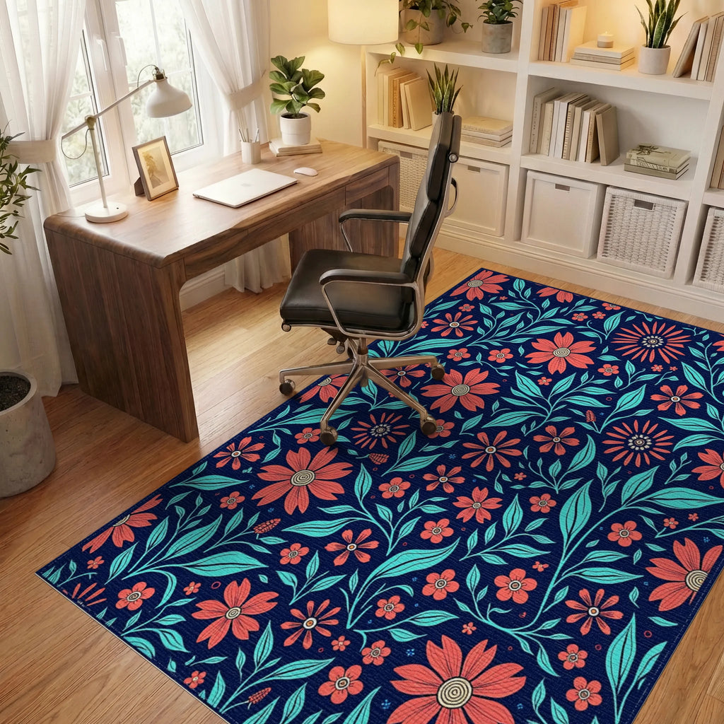 Coral Teal Floral Vine Pattern Rug Office View