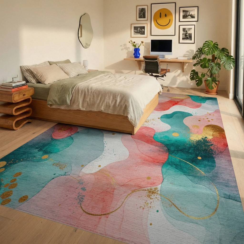 Coral Teal Gold Watercolor Swirl Rug - Bedroom View