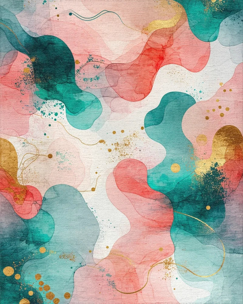 Coral Teal Gold Watercolor Swirl Rug - Cutout View