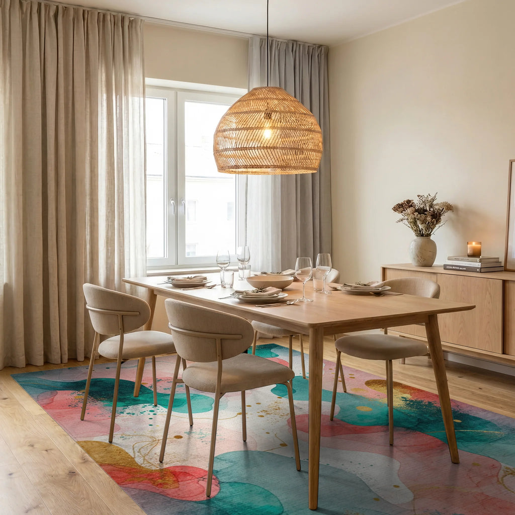 Coral Teal Gold Watercolor Swirl Rug - Dining Room View