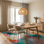 Coral Teal Gold Watercolor Swirl Rug - Dining Room View