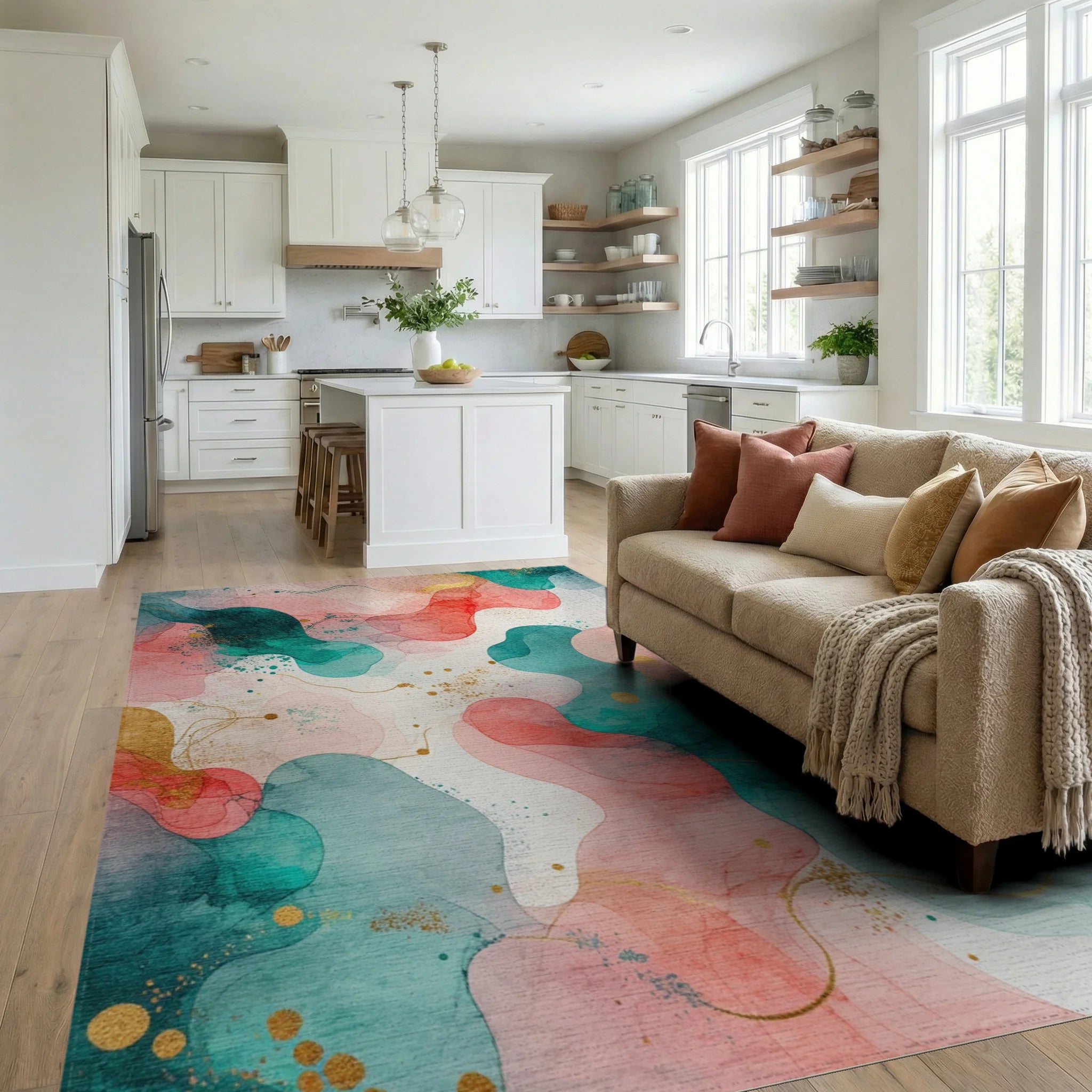 Coral Teal Gold Watercolor Swirl Rug - Living Room View