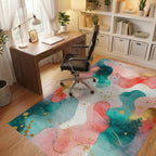 Coral Teal Gold Watercolor Swirl Rug - Office View