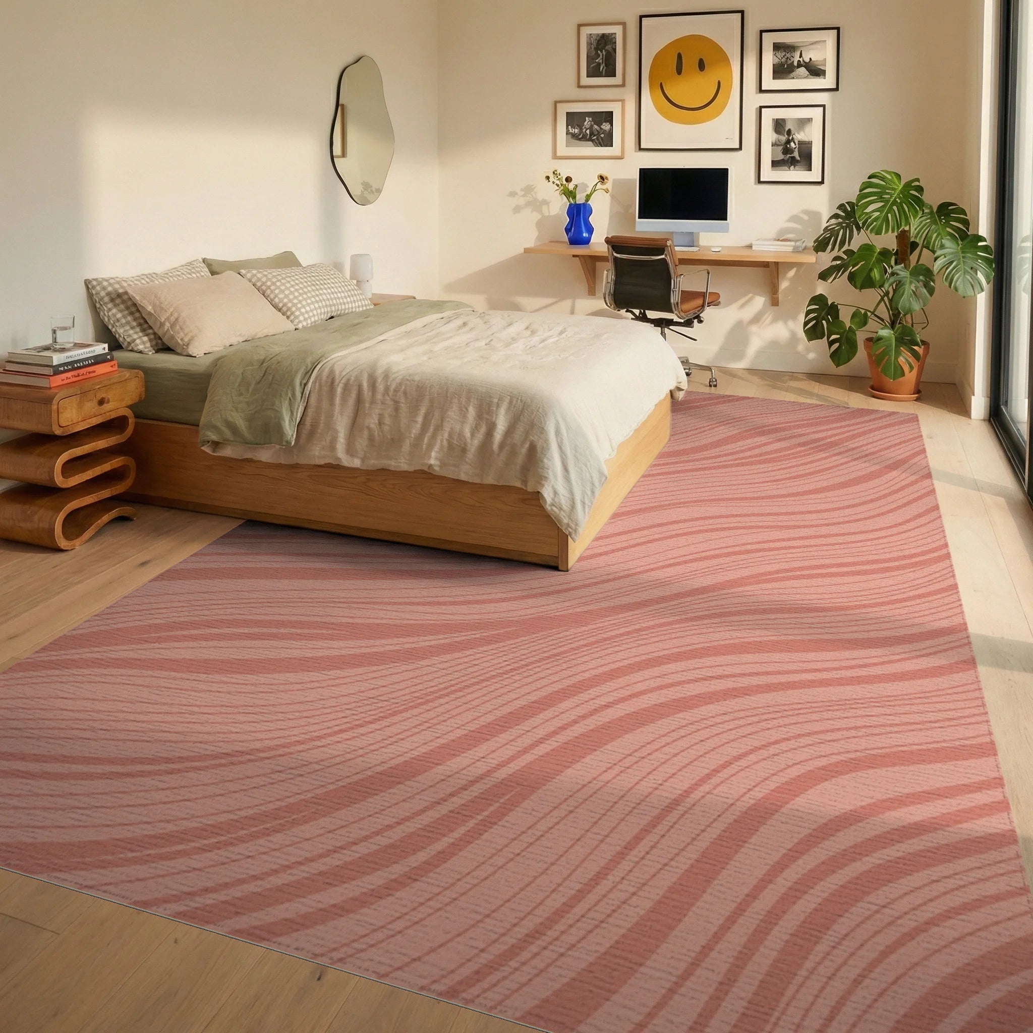Coral Wave Stripe Rug Bedroom View