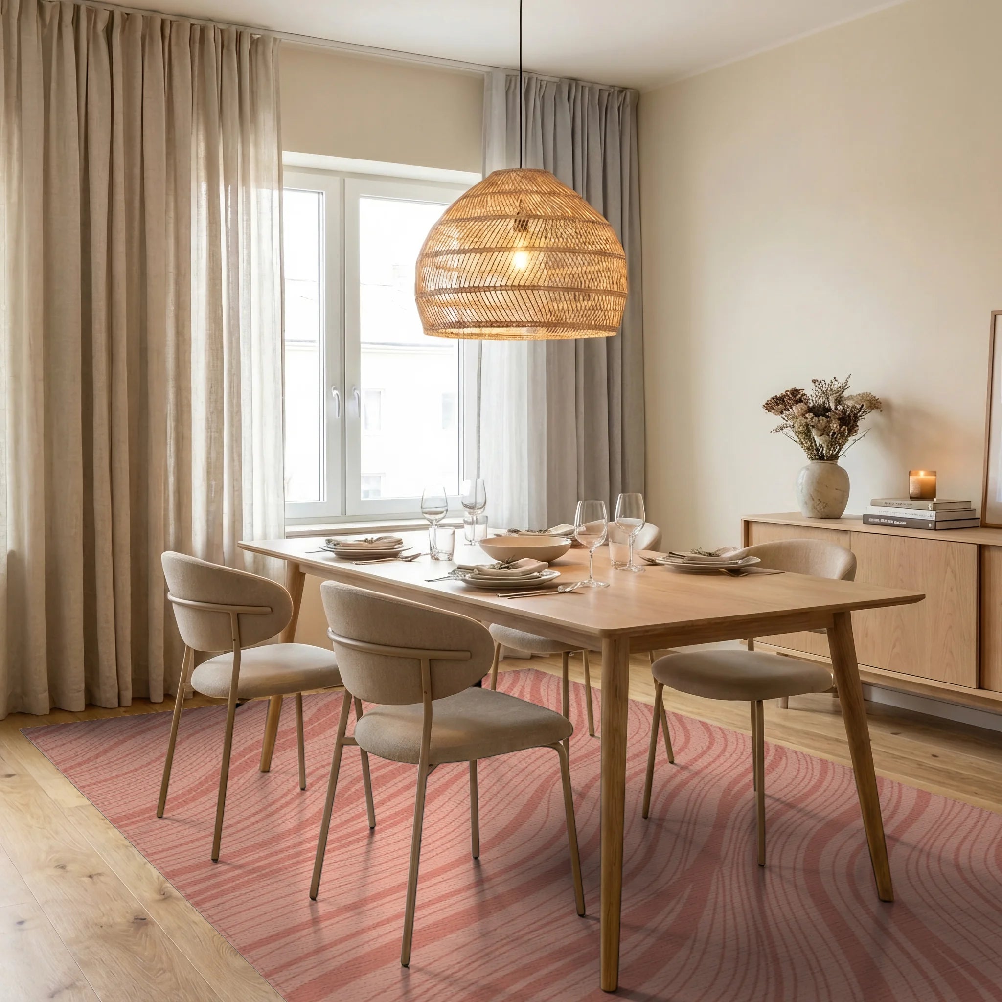 Coral Wave Stripe Rug Dining Room View