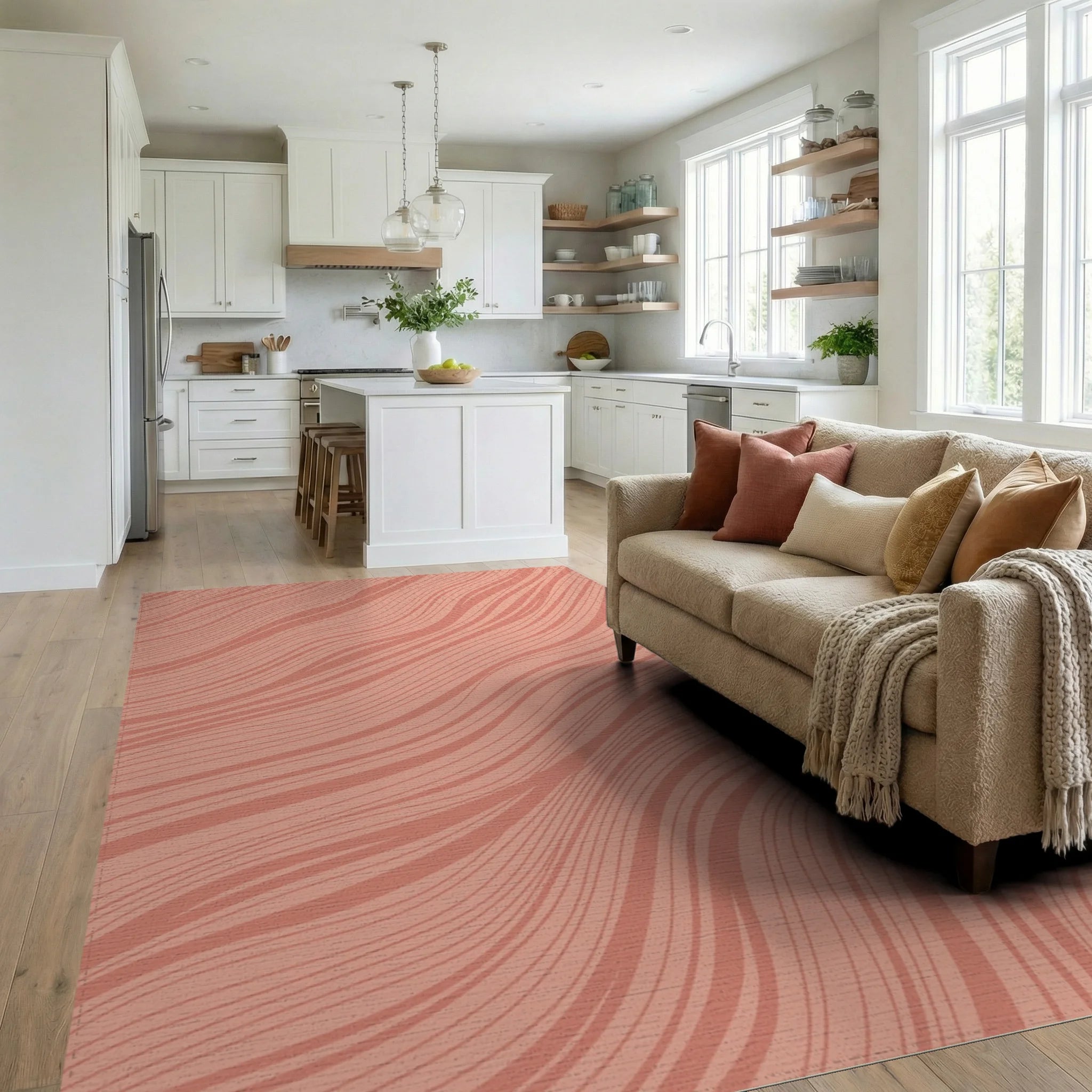 Coral Wave Stripe Rug Living Room View