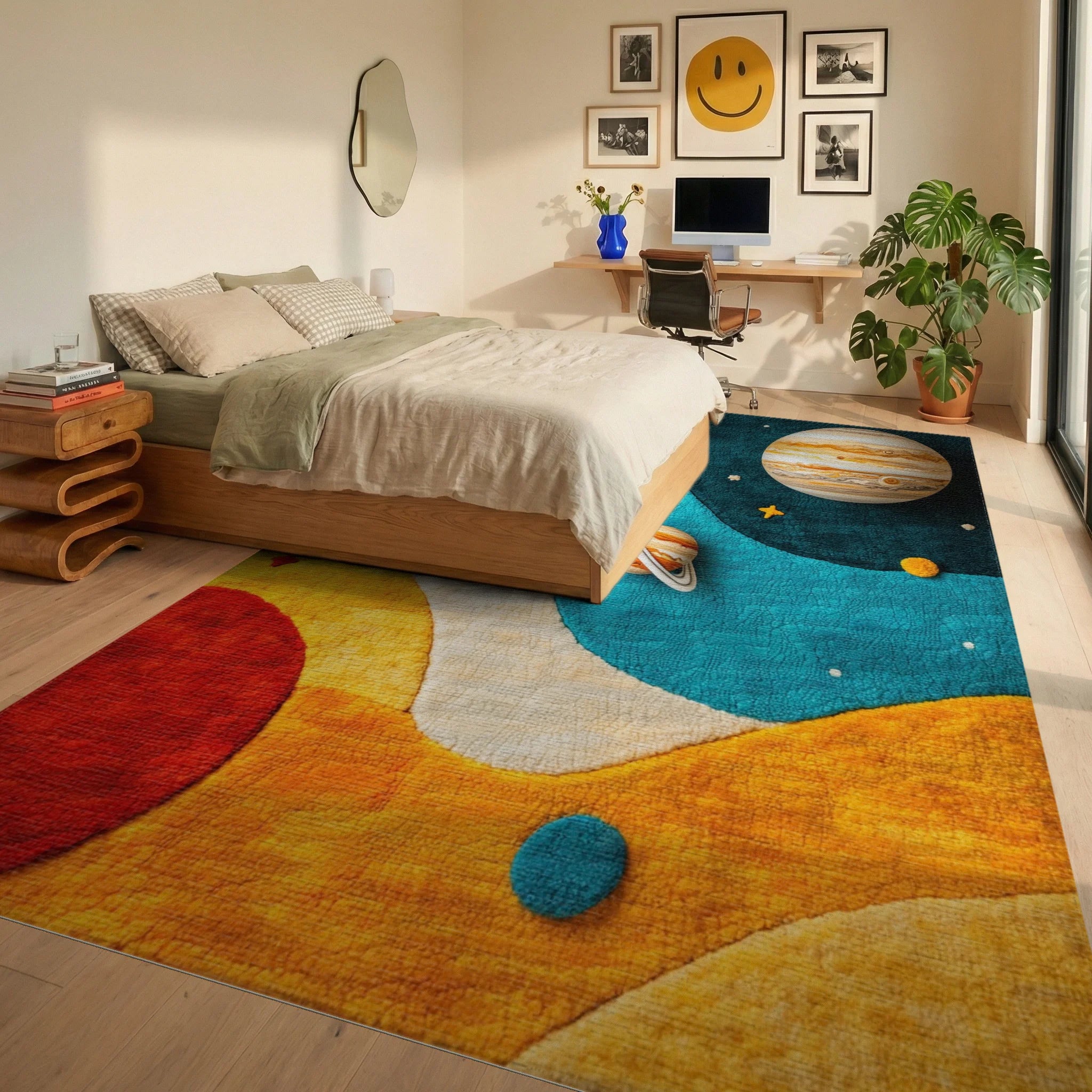 Cosmic Galaxy Planets Swirl Rug - Bedroom View