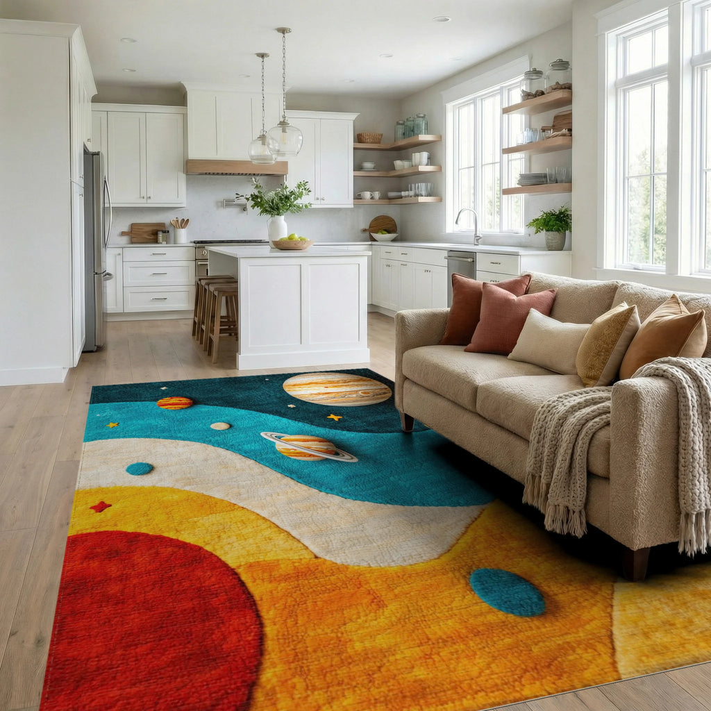 Cosmic Galaxy Planets Swirl Rug - Living Room View