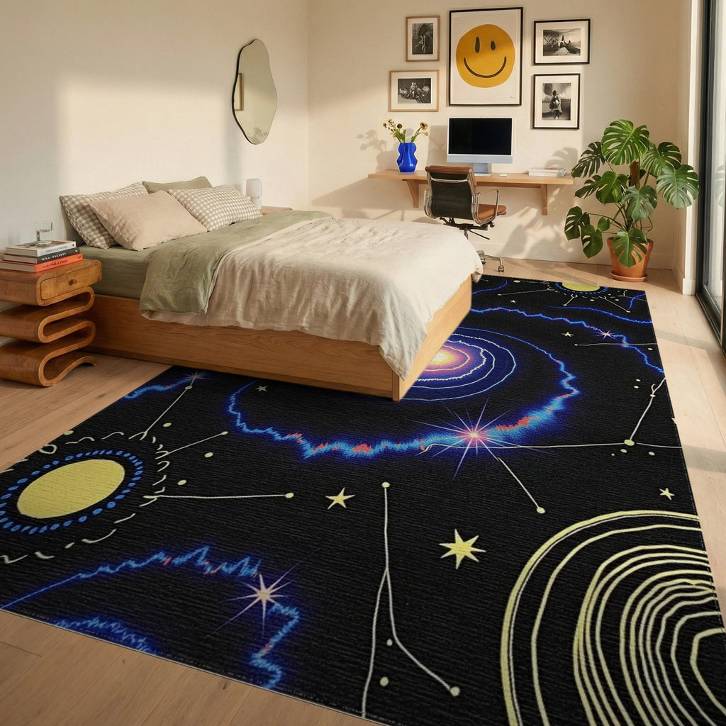 Cosmic Galaxy Swirl Celestial Rug - Bedroom View