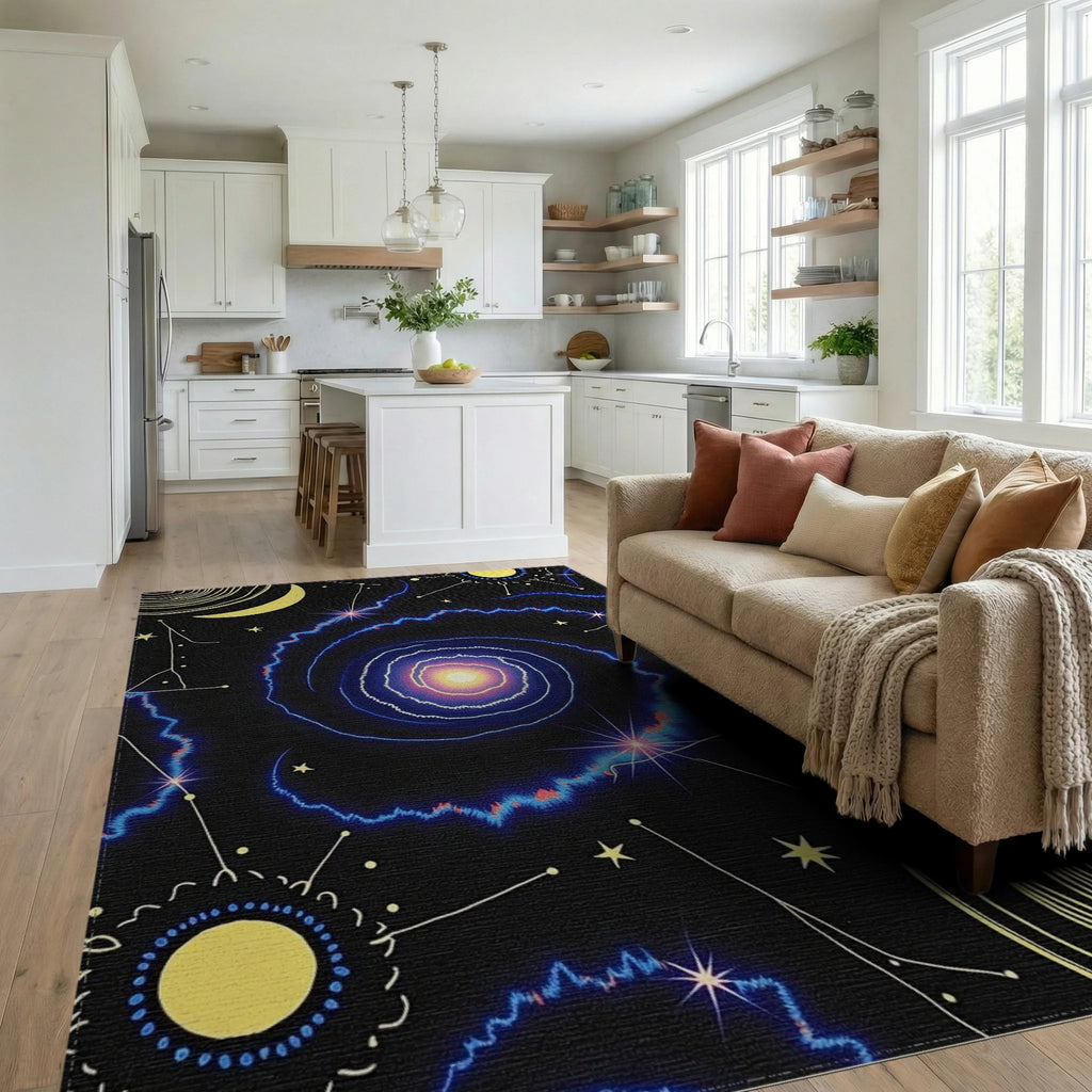 Cosmic Galaxy Swirl Celestial Rug - Living Room View