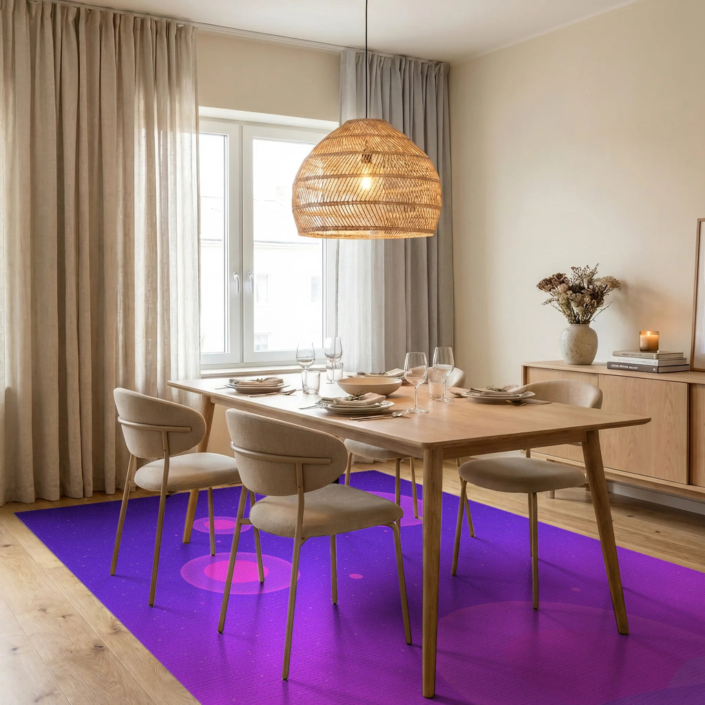 Cosmic Glowing Spheres Pink Purple Sky Rug Dining Room View