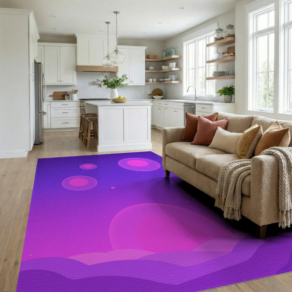 Cosmic Glowing Spheres Pink Purple Sky Rug Living Room View