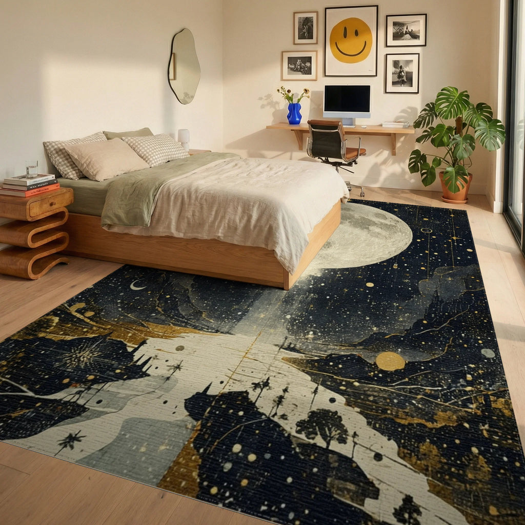 Cosmic Golden Moon Stars Rug - Bedroom View